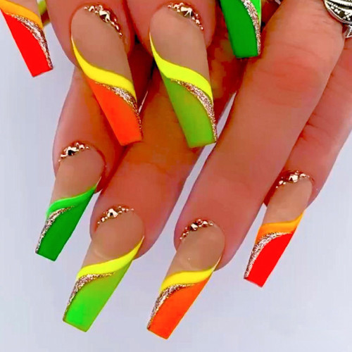 Lirches french wave pattern artificial false nails colorful rhinestone press on nails