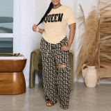Factory Direct Sales Set Women's 2023 Summer New Fashion Print Short Sleeve Casual Perforated Pants Two Piece Set