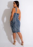 Women Sleeveless Side Lace Up Denim Dress Sexy Summer Midi Dress