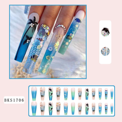 Lirches summer bling rhinestone artificial false nails diamond ocean hawaii press on nails