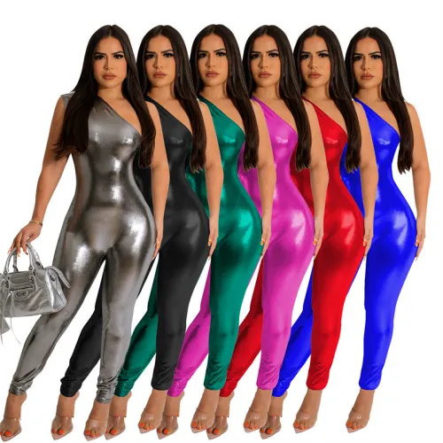 women silver metallic shiny sparkle sexy one shoulder skinny leggings pants romper jumpsuit bodysuit catsuit women clubwear