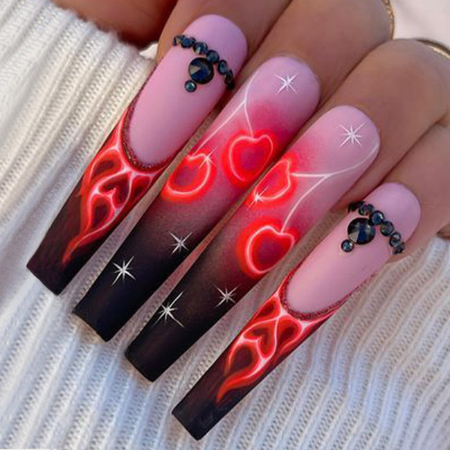 3D Flaming Cherry Fakenails Set Press On Faux Ongles French Long Coffin Tip DIY Manicure Supplies Leopard Design False Nail Kit