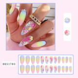 Lirches french wave pattern artificial false nails colorful rhinestone press on nails