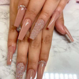 Pink fur Ball Diamond Ballerina Long Press On False Nails Patch Heart Shape Fake Nails Sets Wearable Full Cover Art Tips