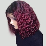 12A Human Hair 1B/99j Red Curly Bob 13*4 Lace 200% Density