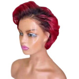 12A Human Hair Burgundy 1B/99j Red 13*4 Tansparent Lace Wig