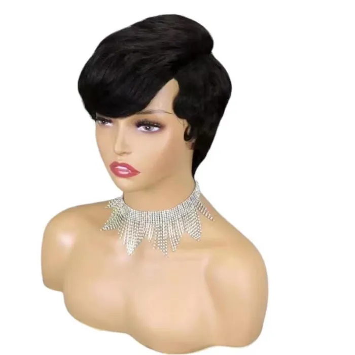 Indian Human Hair Pixie Short Cut Wig Bangs 99J Brown