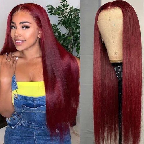 12A Human Hair 99j maroon Straight Wig 13*4 Frontal Indian