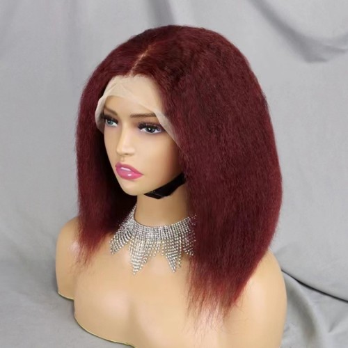 12A Kinky Straight Red 99j Bob 13*4 Frotal Human Hair Wig
