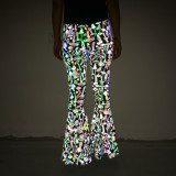 2023 Snakeskin Rainbow Color Reflective Flare Pants Leggings Women Night Club Party Shiny Fishtail Pants Reflect Light In Dark