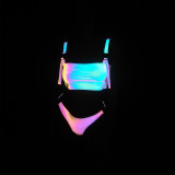 2023 Ribbon Buckle Design Rainbow Color Reflective Bikini Sets Women High Waist Swimsuit Reflect Light In Darkness Beach Outfits