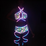 2023 Printed Rainbow Color Reflective Bikini Three Piece Set For Women Night Club Party Reflect Light Swimsuits Beach Outfits