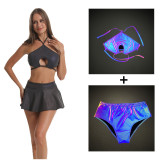 2023 Colorful Reflective Hollow Out Bikini Bra + Shorts + Skirt 3 Piece Sets Women Night Club Sexy Stage Costume Beach Outfits