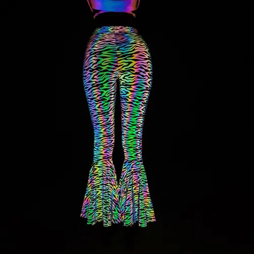2023 Snakeskin Rainbow Color Reflective Flare Pants Leggings Women Night Club Party Shiny Fishtail Pants Reflect Light In Dark