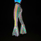 2023 Snakeskin Rainbow Color Reflective Flare Pants Leggings Women Night Club Party Shiny Fishtail Pants Reflect Light In Dark