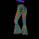 2023 Snakeskin Rainbow Color Reflective Flare Pants Leggings Women Night Club Party Shiny Fishtail Pants Reflect Light In Dark