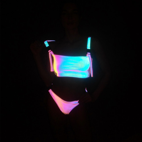 2023 Ribbon Buckle Design Rainbow Color Reflective Bikini Sets Women High Waist Swimsuit Reflect Light In Darkness Beach Outfits