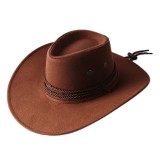 Fashion Wide Brim Western Cowboy Hat with Windproof Rope Vintage Solid Color Jazz Hat All-match for Casual Vacation