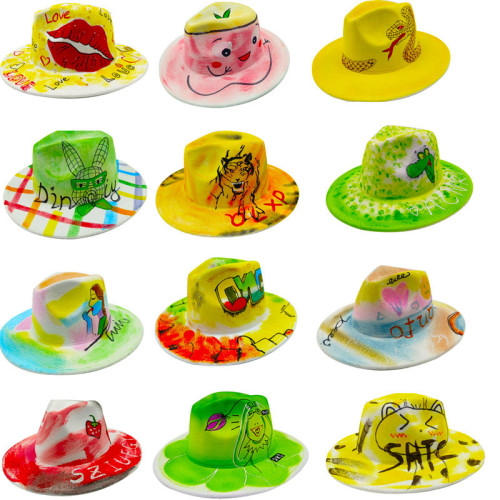 Wholesale price women's FEDORA tie dyed hat 3D painted graffiti felt hat party hat model photo wide brim Panama hat Unisex hat
