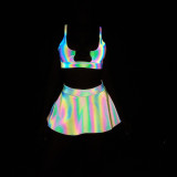 Rainbow Reflective Women Rave Swimsuit Summer 3 Piece Bikini Set Skirt Mini Triangle Buckle Bra Top Swimwears Fit Tight Suit