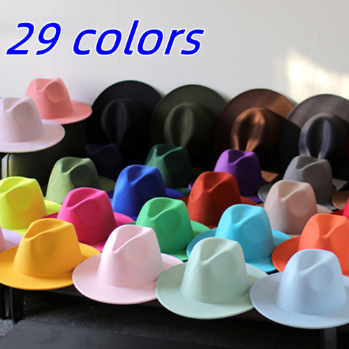 Wholesale fedora 29 colors felt hat men's jazz hat fedora monochrome orange women's fedora women with gorras hombre trapstar