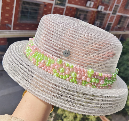 Sun hat pearl silver silk ultra-thin breathable summer women green pink pearl bucket hat sun hat straw hat light fedora hat man