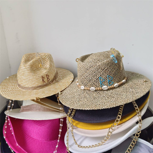 Beach Hat Punk Pearl Chain DIY Concave Crown Sun Hat New Korean Letter Hat Beach Hat Men's and Women's Punk Hat Candy Color Sun