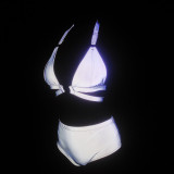 Reflective Rave Swimwears Women Rainbow 2 Piece Bikinis Set Ring Bandage Halter and Triangle Suit for Water Prom Party