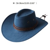 Fashion Wide Brim Western Cowboy Hat with Windproof Rope Vintage Solid Color Jazz Hat All-match for Casual Vacation