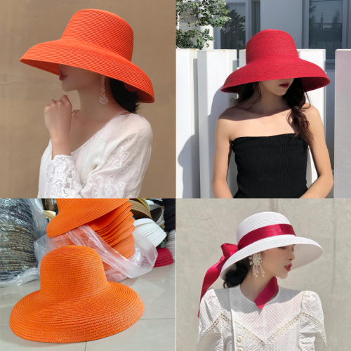 Orange Hat New Women's Sun Hat Folding Beach Hat Big Brim Travel Sunscreen Hepburn Wind Sun Hat Travel Hat 모자