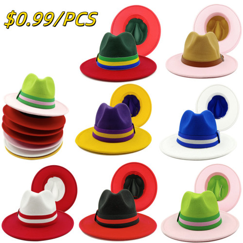 $0.99 Wholesale Fedora New Green Pink Hat Belt Accessories New Panama Men's and Women's Fedoraшляпаженская