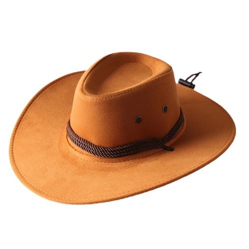 Fashion Wide Brim Western Cowboy Hat with Windproof Rope Vintage Solid Color Jazz Hat All-match for Casual Vacation