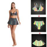 Rainbow Reflective Women Rave Swimsuit Summer 3 Piece Bikini Set Skirt Mini Triangle Buckle Bra Top Swimwears Fit Tight Suit