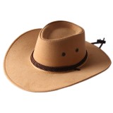 Fashion Wide Brim Western Cowboy Hat with Windproof Rope Vintage Solid Color Jazz Hat All-match for Casual Vacation