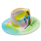 Wholesale price women's FEDORA tie dyed hat 3D painted graffiti felt hat party hat model photo wide brim Panama hat Unisex hat