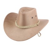 Fashion Wide Brim Western Cowboy Hat with Windproof Rope Vintage Solid Color Jazz Hat All-match for Casual Vacation