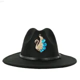 Black Fedoras Short brim Hat Swan 2023 New Men's Felt Hat Jazz Hat Church Hat British Women's Fedoras Men's Hat