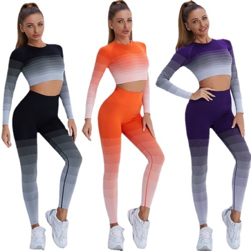 Women's spot fitness sportswear set gradient long sleeved pants running yoga long sleeved tight pants leggings set