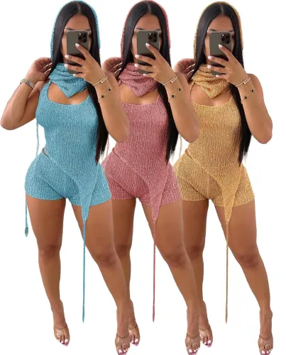 2 Piece Set Women Backless Lace Up Club Party Outfits Solid Sequin Halter Hooded Sexy Hollow Knitted Tank Tops and Shorts Set