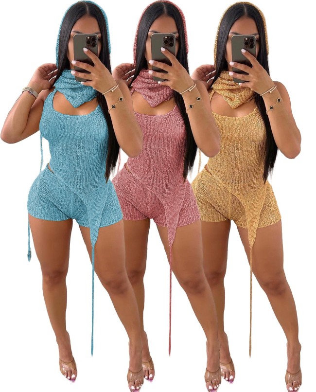 2 Piece Set Women Backless Lace Up Club Party Outfits Solid Sequin Halter Hooded Sexy Hollow Knitted Tank Tops and Shorts Set