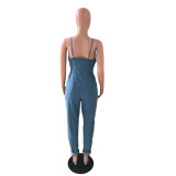 Casual Jeans Romper Sexy Women Spaghetti Strap Buttons Bodycon Blue Denim Pencil Jumpsuit Overalls