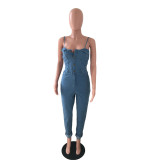 Casual Jeans Romper Sexy Women Spaghetti Strap Buttons Bodycon Blue Denim Pencil Jumpsuit Overalls