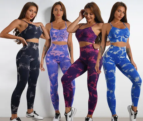 New Tie Dye Training Sports Leggings Gathering Yoga Tank Top Fitness Bra Sports Shorts Set
