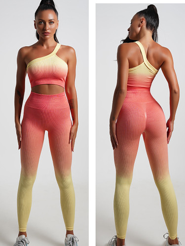 Yoga suit professional sports suit gradient tight fitting with chest pad running short sleeved yoga pants fitness suit  leggings