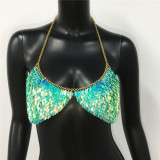 Handmade Bling Colorful Sequined Crop Tops Halter Sleeveless Low Cut Backless Sexy Women Tank Clubwear Night Party Festival Rave