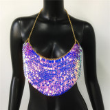 Handmade Bling Colorful Sequined Crop Tops Halter Sleeveless Low Cut Backless Sexy Women Tank Clubwear Night Party Festival Rave