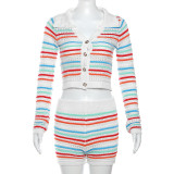 W23s33992 Summer Women Set Turn-down Collar Long Sleeve Knit Skinny Crop Top 2pcs Set Bump Mini Stripe Pants Set For Lady