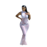 Beach Bikini Cover Ups Solid Women 3 Piece Set Solid Sleeveless Hooded Mesh Long Maxi Dress Bikini Set 2023