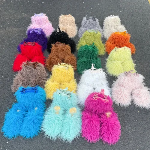 Chinese Factory Supply Fluffy Faux Fur Slides And Bags Sets Curly Hair Mongolian Fur Handbags Women Fashion Faux Fur Slippers