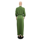 Latest Design Half Sleeve V Neck Stand Collar Office Dresses Women Formal Work Maxi Dress Drawstring Side Slit Summer Dress